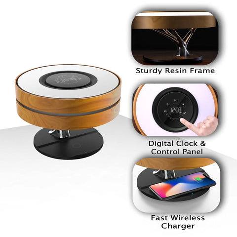 Bedside Smart Lamp Shade With Bluetooth Speaker Fast Wireless Qi Charger Touch Dimmer Dimmable Led Nightlight showing resin frame, digital clock, and charger