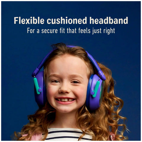 Child wearing Kids Hearing Protection Plus With Adjustable Headband 22dB NRR For Studying, Color Purple, smiling face.