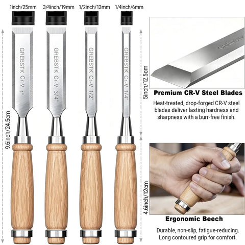 4 Piece Ultra Sharp Wood Chisel Set With CR V Steel Beveled Blades And Guards Comfortable Durable Handles displayed vertically