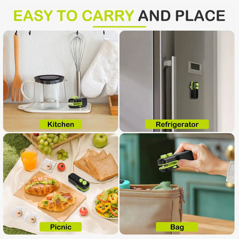 2 In 1 Mini Bag Sealer With Cutter And Magnet Portable On The Go Heat Seal Tool To Reseal Plastic Bags And Keep Snacks Fresh Compact ABS Sealing Machine in kitchen, refrigerator, picnic, and bag settings.