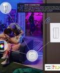 Battery Free Wireless Light Switch For Hue With 30 Foot Range Kinetic Wall Mount Decora Style Plug And Play No Wiring Or Batteries Required Fully Native Philips Hue Bridge Compatibility For Seamless Smart Lighting Control White next to lit room with connected smart devices.