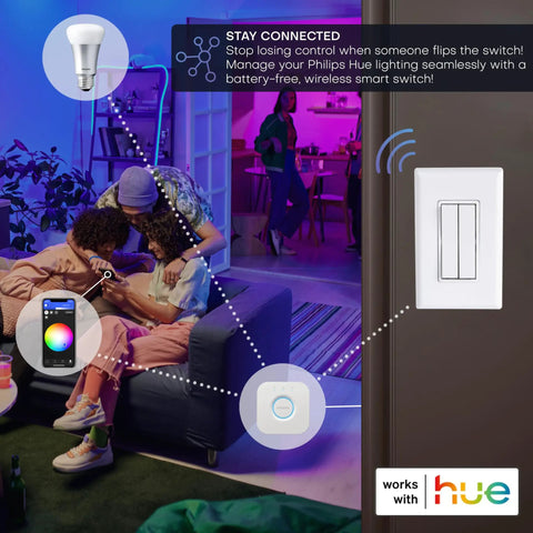 Battery Free Wireless Light Switch For Hue With 30 Foot Range Kinetic Wall Mount Decora Style Plug And Play No Wiring Or Batteries Required Fully Native Philips Hue Bridge Compatibility For Seamless Smart Lighting Control White next to lit room with connected smart devices.