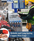 Technician using All In One Copper Wire Lugs Kit for AWG battery cables at industrial control panel.