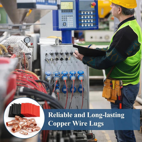 Technician using All In One Copper Wire Lugs Kit for AWG battery cables at industrial control panel.