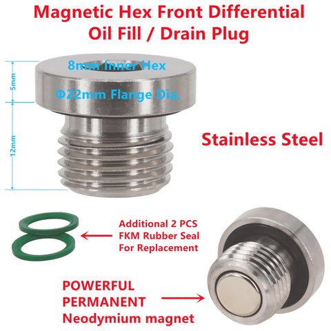 2 Pack Tough Stainless Steel Magnetic Hex Front Differential Oil Fill And Drain Plug dimensions and features diagram