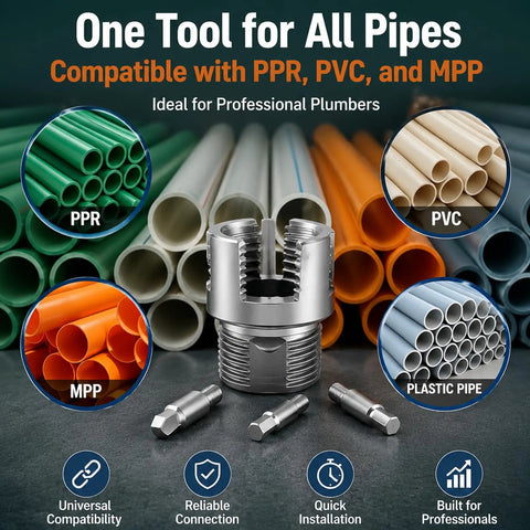 3 Piece PVC Pipe Threader Tool Kit For 1 2 3 4 And 1 Inch Plastic Pipes Heavy Duty Alloy Construction with interchangeable dies.