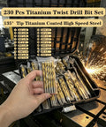 Top Shelf 230 Piece Titanium Twist Drill Bit Kit Featuring 135 Degree Split Points For Wood Metal Plastic And Alloy. Quick Penetration With U-Flute Chip Evacuation And Stable Straight Shank Design To Prevent Walking. Perfect Heavy Duty Tool Set Stored In. 230-piece titanium drill bit set in case, 135° split point HSS bits for metal drilling
