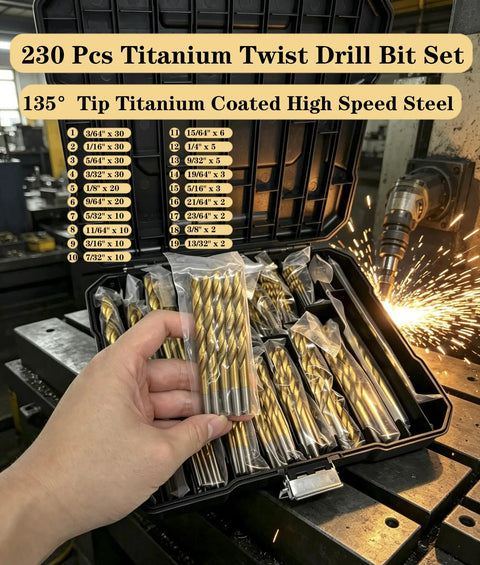 Top Shelf 230 Piece Titanium Twist Drill Bit Kit Featuring 135 Degree Split Points For Wood Metal Plastic And Alloy. Quick Penetration With U-Flute Chip Evacuation And Stable Straight Shank Design To Prevent Walking. Perfect Heavy Duty Tool Set Stored In. 230-piece titanium drill bit set in case, 135° split point HSS bits for metal drilling