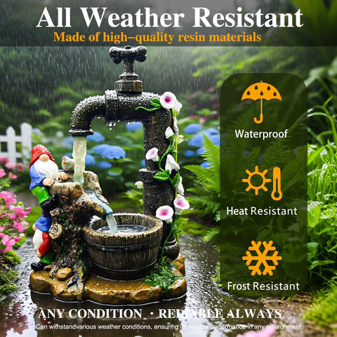 Solar Garden Gnomes Statues With LED Water Fountain 10 Inch Resin Outdoor Yard Decor with whimsical gnome beside water spout