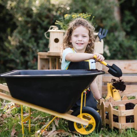 childrens wheelbarrow and garden tool set Six Piece Kid Friendly Wheelbarrow And Garden Tool Set With Apron And Gloves For Backyard Play, Durable Toddler Wheelbarrow Toy And Realistic Garden