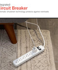 Six Outlet Power Strip With 12 Ft Extension Cord And Flat Plug Grounded With Integrated Circuit Breaker 3 Prong Wall Mount ETL