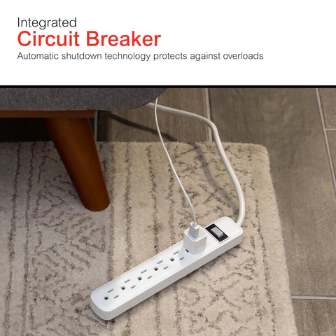 Six Outlet Power Strip With 12 Ft Extension Cord And Flat Plug Grounded With Integrated Circuit Breaker 3 Prong Wall Mount ETL