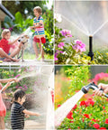 Kids and dog playing with water hose in garden using Three Quarter Inch Female To Female Garden Hose Adapter Kit With Solid Brass Construction.