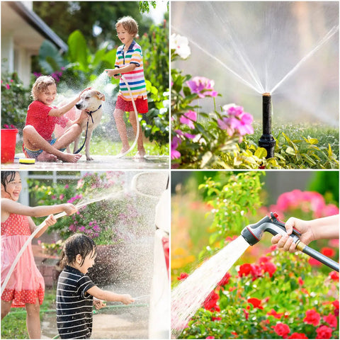 Kids and dog playing with water hose in garden using Three Quarter Inch Female To Female Garden Hose Adapter Kit With Solid Brass Construction.
