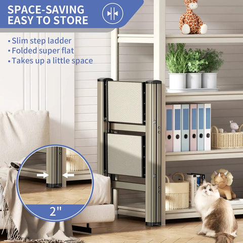 Three Step Folding Ladder Stool With Anti Slip Wide Pedals Aluminum Portable Lightweight Multi Use Home And Kitchen Ladder Shelf Woodgrain And White Finish 330 Lb Capacity