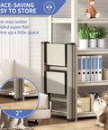 Three Step Folding Ladder Stool With Anti Slip Wide Pedals Aluminum Portable Lightweight Handy Everyday Use For Adults Multi Use At Home And Kitchen Black 330 Lbs Capacity, folded beside shelf in living room.