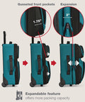 Teal Lightweight Softside Carry On Roller Luggage With 2 Wheels Deluxe Retractable Push Button Self Locking Handle Corner Protected Durable Polyester Build Affordable Travel Set showing expandable feature and pocket size detail