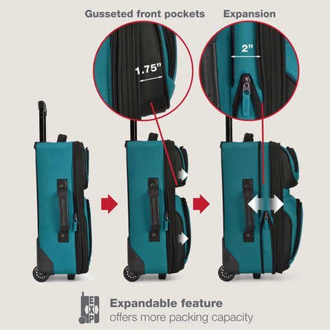 Teal Lightweight Softside Carry On Roller Luggage With 2 Wheels Deluxe Retractable Push Button Self Locking Handle Corner Protected Durable Polyester Build Affordable Travel Set showing expandable feature and pocket size detail