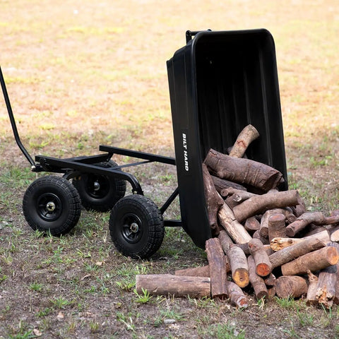 Heavy Duty Garden Dump Cart With 600 Lb Capacity And Flat Free Tires Quick Release Dump Wagon tipping firewood pile outdoors