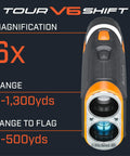 Front view of Game Ready Tour V6 Shift Rangefinder With Slope Compensation, 1300 Yard Range, 6X Magnification, orange design.