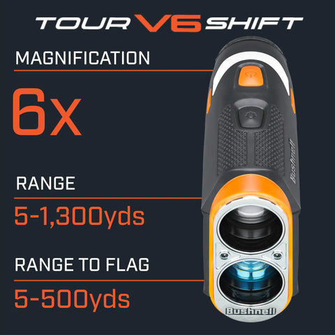 Front view of Game Ready Tour V6 Shift Rangefinder With Slope Compensation, 1300 Yard Range, 6X Magnification, orange design.