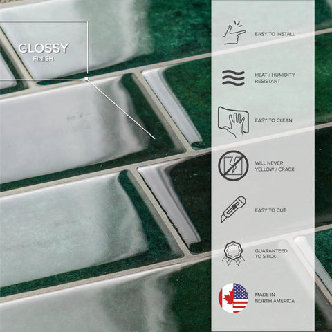 Close-up of glossy Peel And Stick Backsplash Tile Kit For Kitchen And Bath, Five Easy Sheets, with features and benefits displayed.