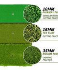 Three turf surfaces of the 3 In 1 Golf Hitting Mat For Swing, Putting, And Chipping, showing fairway, tee, and rough practice mats.