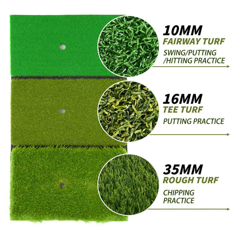 Three turf surfaces of the 3 In 1 Golf Hitting Mat For Swing, Putting, And Chipping, showing fairway, tee, and rough practice mats.