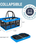 Collapsible Plastic Grocery Baskets Pack Of 3 With Handles for easy haul in car trunk, SUV. Stackable bins for storage, Neptune Blue.