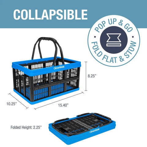 Collapsible Plastic Grocery Baskets Pack Of 3 With Handles for easy haul in car trunk, SUV. Stackable bins for storage, Neptune Blue.