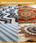 Four different patterned rugs in various colors and styles including chevron, striped, and ornate floral designs on display