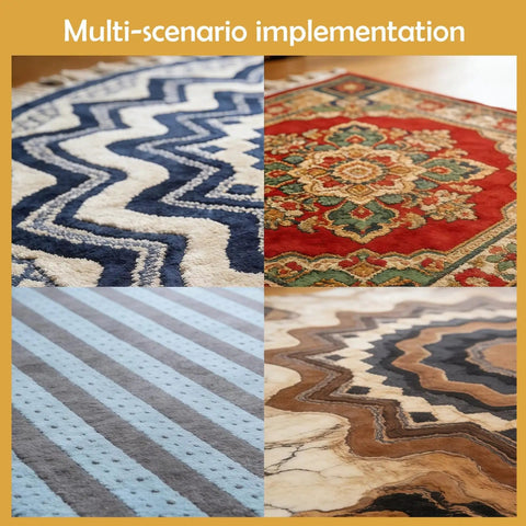 Four different patterned rugs in various colors and styles including chevron, striped, and ornate floral designs on display