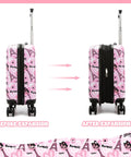 Front view of pink 16-inch hardside kid's luggage with spinner wheels; romance print, before and after expansion