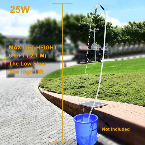 Sun Powered Solar Fountain Pump Kit With 25 Watt Panel, 410 GPH Submersible Water Pump demonstrating 6.9 ft lift in outdoor setting