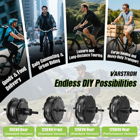 Image of cyclists on different terrains using a 48V 500W Ebike Conversion Kit with front or rear hub motor and optional display.