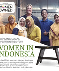 Group of people standing in front of a factory, promoting women-owned business in Indonesia, with a teak shower stool image overlay.