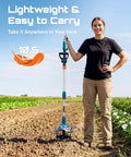 Person holding Cordless Tiller Cultivator For Gardening, 20V With Dual 4Ah Batteries, 9 Inch Tilling Width And 6.6 Inch Depth
