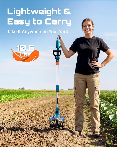 Person holding Cordless Tiller Cultivator For Gardening, 20V With Dual 4Ah Batteries, 9 Inch Tilling Width And 6.6 Inch Depth