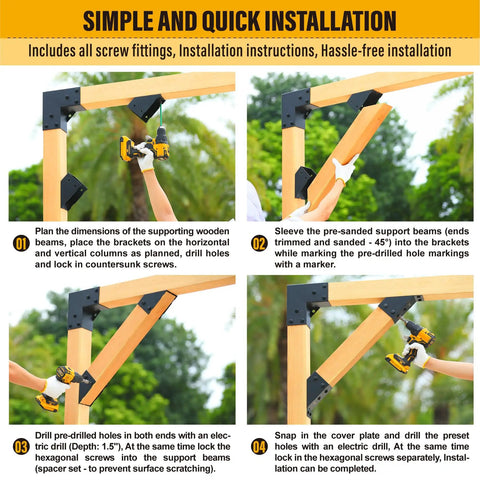 Heavy Duty 4 Pack 45 Degree Angle Brackets For Pergolas Gazebos Decks And Porches 3.5 By 3.5 Inch Real Size 4x4 Frosted Black Outdoor Wood Support Brackets Kit For Cabins