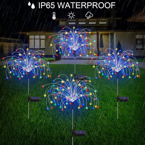 4 Pack Solar Garden Lights With 120 LED Starburst Effects, Outdoor Waterproof, lighting up garden in rain, IP65 rating visible