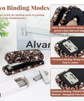 Close-up of Glitter Black Bling stapler with two binding modes, part of Sparkly Aesthetic Desk Accessories For Women Luxury Stationery Gift Kit.