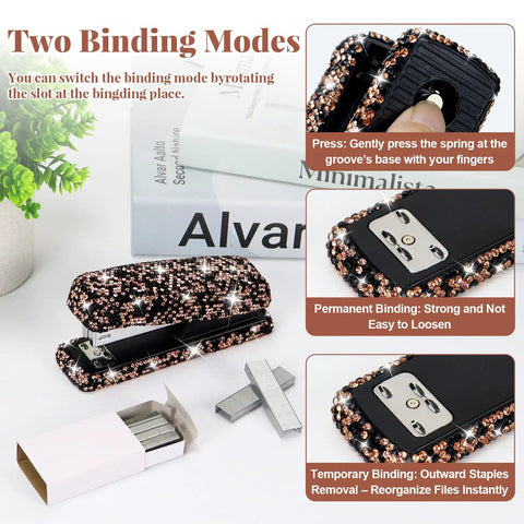 Close-up of Glitter Black Bling stapler with two binding modes, part of Sparkly Aesthetic Desk Accessories For Women Luxury Stationery Gift Kit.