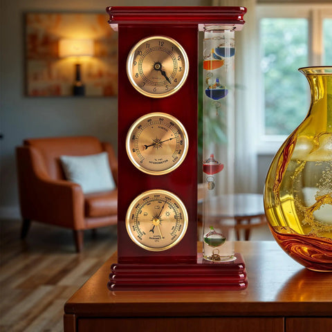Dope Analog Weather Station With Galileo Thermometer Barometer Hygrometer And Quartz Clock For Indoor Outdoor Use on table