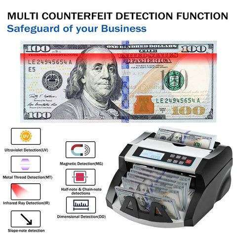 DOMENS Ultraviolet And Magnetic Money Counter Machine For Us Dollars Features Multi Anti-Counterfeit Detection Systems Including Uv Mg Mt Ir And Dd Technologies With Lcd Display Add Value Batch Modes For Accurate Cash Counting Black Grey with $100 bill