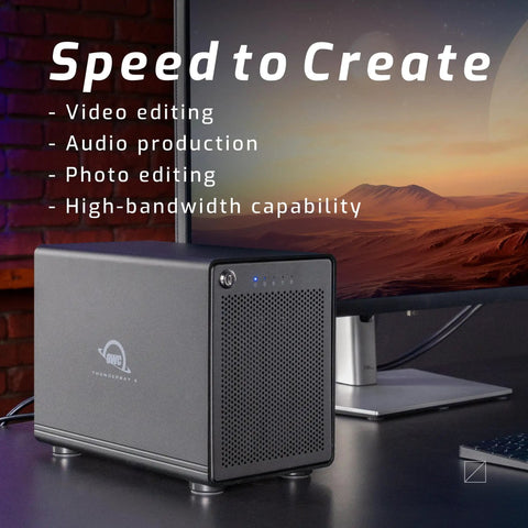 Kickass Four Bay Thunderbolt Storage Enclosure With Rock Solid Raid Setup And Dang Fast Up To 1527Mbps Throughput in a workstation.