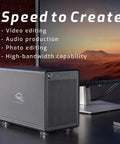 ThunderBay 4 8TB External Storage Dock Featuring Blazing Thunderbolt Link Allows Dual Port Hookup For No Sweat Setup with monitor backdrop