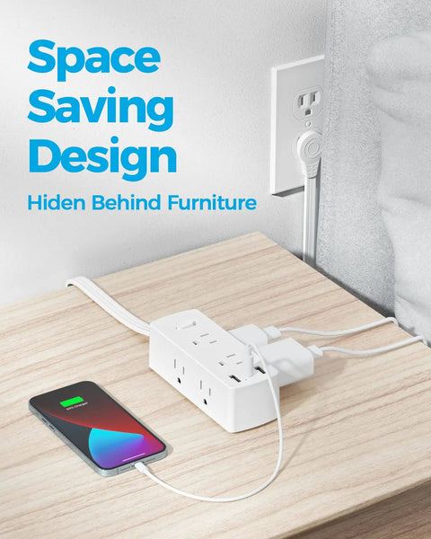 Super Slick Flat Plug Power Strip With 5 Ft Extension Cord 6 Widely Spaced Wall Outlets Plus 3 Fast Charge USB Ports For Hiding Behind Furniture Setup White 2 Pack Bundle on a wood table with phone charging.