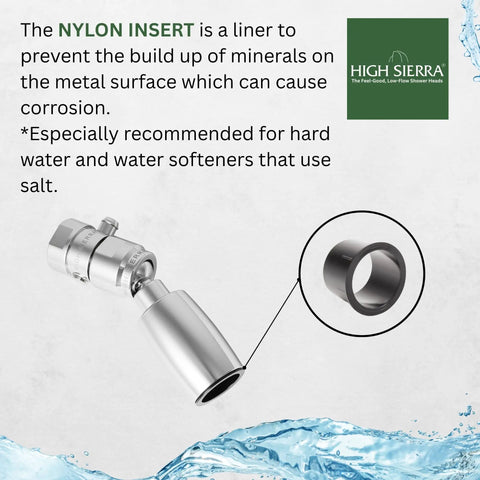 Solid Lead-Free Metal 2.0 GPM High Pressure Shower Head With Trickle Valve, showing nylon insert to prevent corrosion