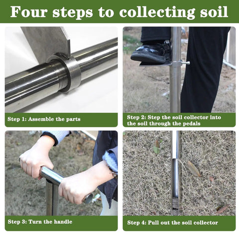 Image showing four steps to use the 36 Inch Stainless Steel T Style Soil Sample Probe With Foot Pedal, Breaks Down To 23 Inch For Easy Transport, Pro Grade Heavy Duty Tool With Reusable Sample Bags For Farm Garden Lawn Golf Course Testing
