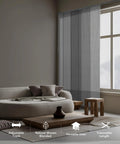 Adjustable Sliding Panel Track Door Blinds for Sliding Glass Doors installed in a living room, grey fabric, 4-panel system.